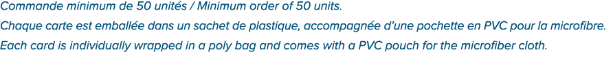 Commande minimum de 50 unit s / Minimum order of 50 units. Chaque carte est emball e dans un sachet de plastique, acc...